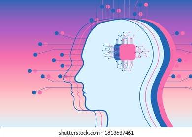 Futuristic abstract concept illustration of head profile silhouette with a AI chip. Artificial Intelligence microchip, head and background wires on transparent background. Vector illustration. EPS10.