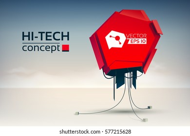 Futuristic abstract concept with mechanical red machine in hi-tech style on light background vector illustration