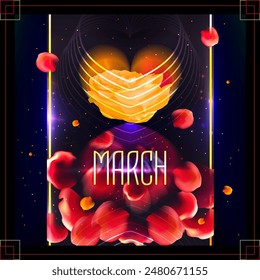 Futuristic abstract congratulation on International Women's Day. Vanguard card with March 8. Heart and petals on a dark cosmic background. Vector illustration. Eps 10