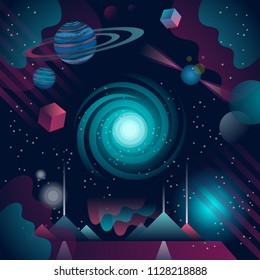 Futuristic and abstract cosmos vector background illustration. Blue and purple universe with planets, stars and square space objects. Glow and fantasy atmosphere. Saturn with rings and pyramids.