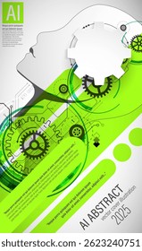 A futuristic abstract cover design showcasing artificial intelligence and technology. The artwork features a human head silhouette filled with digital circuits and geometric elements. Vector.