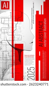A futuristic abstract cover design showcasing artificial intelligence and technology. The artwork features a human head silhouette filled with digital circuits and geometric elements. Vector.