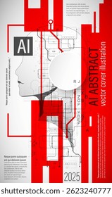 Ein futuristisches abstraktes Cover-Design, das künstliche Intelligenz und Technologie präsentiert. Das Kunstwerk verfügt über eine menschliche Kopf Silhouette gefüllt mit digitalen Schaltkreisen und geometrischen Elementen. Vektor.
