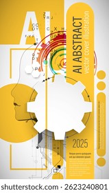 A futuristic abstract cover design showcasing artificial intelligence and technology. The artwork features a human head silhouette filled with digital circuits and geometric elements. Vector.