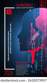 Un diseño de portada abstracto futurista que muestra la inteligencia artificial y la tecnología. La obra de arte presenta una silueta de cabeza humana llena de circuitos digitales y Elementos geométricos.