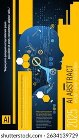 A futuristic abstract cover design showcasing artificial intelligence and technology. The artwork features a human head silhouette filled with digital circuits and geometric elements.