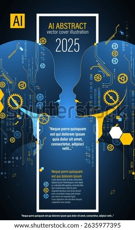 A futuristic abstract cover design showcasing artificial intelligence and technology. The artwork features a human head silhouette filled with digital circuits and geometric elements.