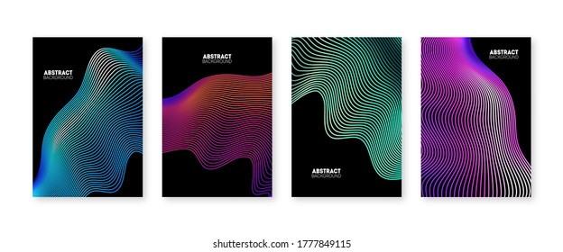 Futuristic abstract cover design template. Vector set of fluid line posters. Neon colors on black background