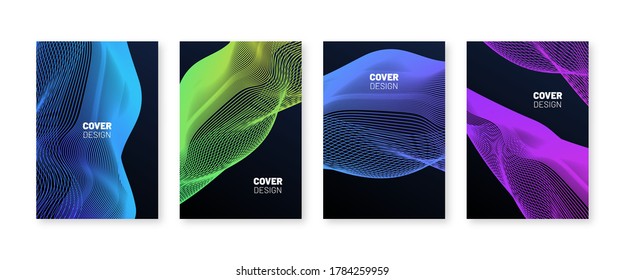 Futuristische abstrakte Cover Design-Vorlage. Vektorsatz von Flüssigkeitslinienplakaten. Neonfarben auf schwarzem Hintergrund
