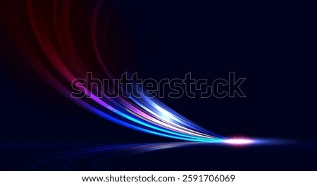 Futuristic Abstract Curved Line Motion: High-Speed Light Trails on Dark Blue Background | Dynamic Neon Lighting Effects for Digital Technology Banner Patterns