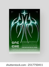 Diseño de póster Cyberpunk Abstractas futurista. Cromo plateado, años 2000, superficie metálica brillante. Forma neo tribal. Elemento afilado gótico Y2K, estética de sigilismo cibernético.