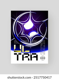  Futuristic Abstract Cyberpunk Poster Design. Y2K Neon-lit geometric shapes, Silver Chrome, 2000s, shiny metallic surface, high-tech, sci-fi aesthetic.