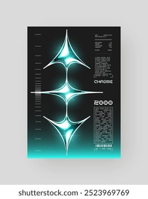 Futurista abstrato Cyberpunk Poster Design. Y2K Neon-lit formas geométricas, Prata Cromo, 2000s, superfície metálica brilhante, alta tecnologia, estética ficção científica.