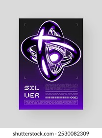 Futuristic Abstract Cyberpunk Poster Design. Y2K Neon-lit geometric shapes, Silver Chrome, 2000s, shiny metallic surface, high-tech, sci-fi aesthetic.	