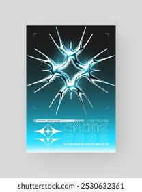 Futurista abstrato Cyberpunk Poster Design. Y2K Neon-lit formas geométricas, Prata Cromo, 2000s, superfície metálica brilhante, alta tecnologia, estética ficção científica.	