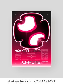 Futuristic Abstract Cyberpunk Poster Design. Y2K Neon-lit geometric shapes, Silver Chrome, 2000s, shiny metallic surface, high-tech, sci-fi aesthetic.