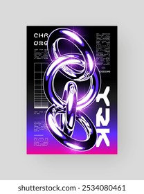 Futurista abstrato Cyberpunk Poster Design. Y2K Neon-lit formas geométricas, Prata Cromo, 2000s, superfície metálica brilhante, alta tecnologia, estética ficção científica.