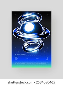 Futuristic Abstract Cyberpunk Poster Design. Y2K Neon-lit geometric shapes, Silver Chrome, 2000s, shiny metallic surface, high-tech, sci-fi aesthetic.