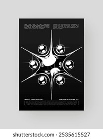 Futuristic Abstract Cyberpunk Poster Design. Y2K monochrome metallic, Silver Chrome, 2000s.	