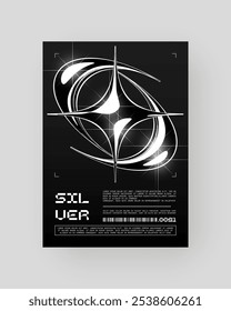 Futuristic Abstract Cyberpunk Poster Design. Y2K monochrome metallic, Silver Chrome, 2000s.	