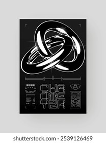 Futuristic Abstract Cyberpunk Poster Design. Y2K monochrome metallic, Silver Chrome, 2000s.	