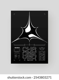 Futurista abstrato Cyberpunk Poster Design. Metálico monocromático Y2K, Prata Cromo, 2000s.	