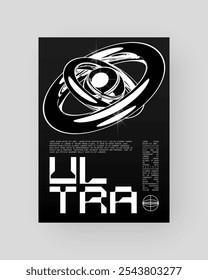 Futuristic Abstract Cyberpunk Poster Design. Y2K monochrome metallic, Silver Chrome, 2000s.	