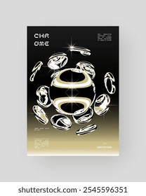 Diseño de póster Cyberpunk Abstractas futurista. Cromo dorado, superficie metálica brillante, alta tecnología, estética de ciencia ficción