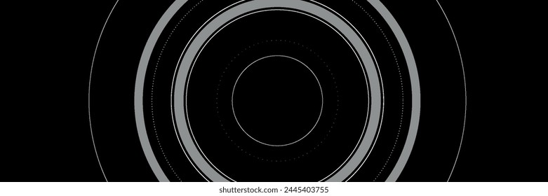 Futuristic abstract dark black horizontal banner background. White circle line design. Rotating circular line elements. Future technology concept. Space for your text. Vector illustration