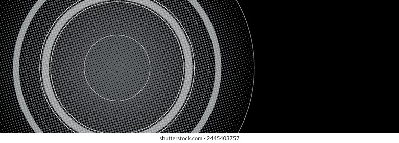 Futuristic abstract dark black horizontal banner background. White circle line design. Rotating circular line elements. Future technology concept. Space for your text. Vector illustration