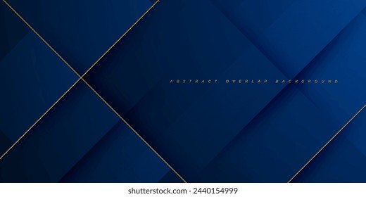 Fondo azul oscuro abstracto futurista con sombra cruzada realista y líneas de oro. Diseño oscuro con concepto 3D. Fondo azul de la tecnología. Vector Eps10