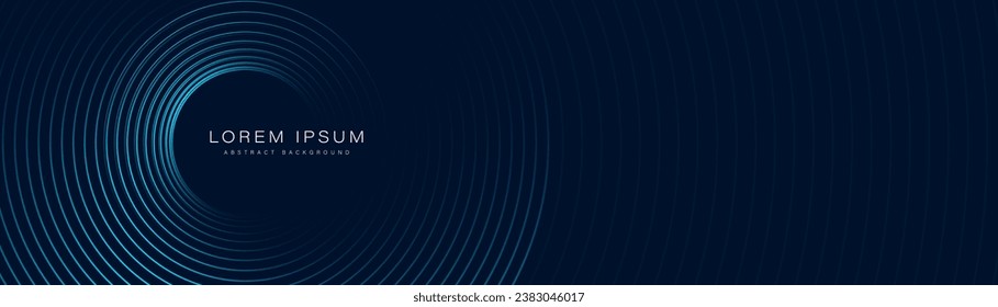 Futuristic abstract dark blue horizontal banner background. Glowing blue circle lines design. Swirl circular lines element. Future technology concept. Space for your text. Vector illustration