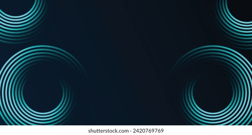 Futuristic abstract dark blue horizontal banner background. Glowing blue circle lines design. Swirl circular lines element. Future technology concept. Space for your text.