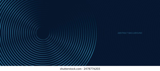 Futuristic abstract dark blue horizontal banner background. Glowing blue circle lines design. Swirl circular lines element. Future technology concept.