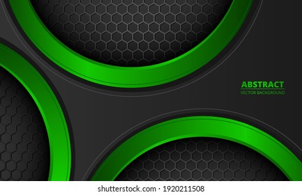 Futuristic abstract dark gray and green vector background with hexagon carbon fiber. Dark abstract background with honeycomb grid and green circles. Futuristic modern sporty gaming banner.