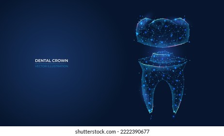 Futuristic abstract dental crown symbol. Wireframe concept of healthy restored teeth. Low poly geometric 3d wallpaper background vector illustration.