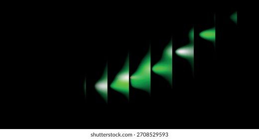 Un diseño abstracto futurista con una serie diagonal de brillantes pulsos de luz verde y blanca sobre un fondo negro, creando una sensación de movimiento y energía.