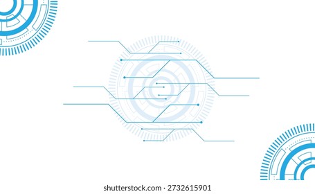 Ein futuristisches abstraktes Design mit blauen konzentrischen Kreisen und strahlenden Linien auf weißem Hintergrund, das Technologie und Daten suggeriert.