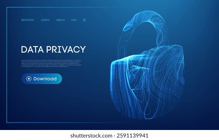 A futuristic abstract design featuring a glowing digital lock structure in blue tones, representing data privacy, protection, and cyber security. Ppt webinar presentation bg for banner template.