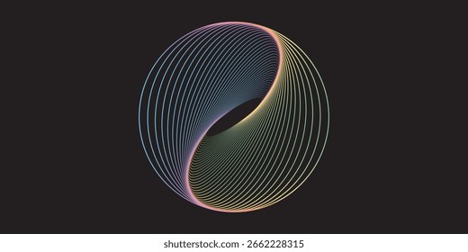 Futuristisches abstraktes Design mit einer symmetrischen Schleife, die durch lebendige, mehrfarbige Farbverlauf-Linien gebildet wird. Die sanften Kurven erzeugen eine dynamische 3D-Illusion 