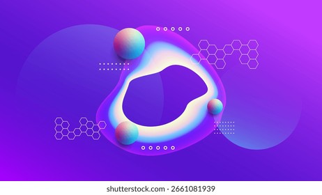 Futuristic abstract design with glowing gradient blobs, 3D spheres, hexagon patterns, and vibrant purple background. Technology science presentation vector