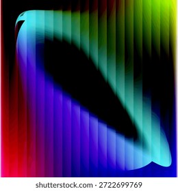 Una obra de arte digital abstracta futurista con un fondo negro profundo en contraste con una forma brillante vibrante y curva. La forma cambia de cian eléctrico y azul a la izquierda a verde neón a la derecha, renderizado con una textura de rayas de Vertical que crea una sensación de movimiento de alta velocidad o un efecto de exploración de hendidura