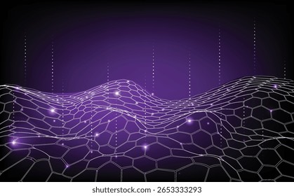 Fundo digital abstrato futurista com grade de malha hexagonal roxa brilhante e onda de partículas, perfeito para interfaces tecnológicas, IA, visualizações de fluxo de dados e ambientes modernos de ficção científica