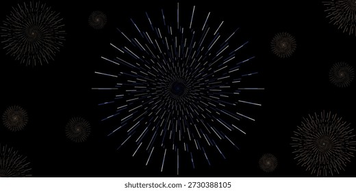 Futuristic abstract fireworks composition on a pure black background. A large central radial burst made of thin glowing white and electric-blue lines radiating outward, surrounded by multiple smaller golden starburst fireworks scattered around the frame.