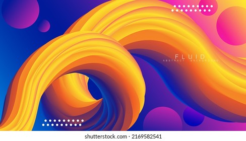 Futuristic abstract fluid curve. Fluid shape. Abstract yellow and blue color liquid form movement with 3d shape Illustration with vibrant gradient and light effect. Abstract design for flyer, poster.