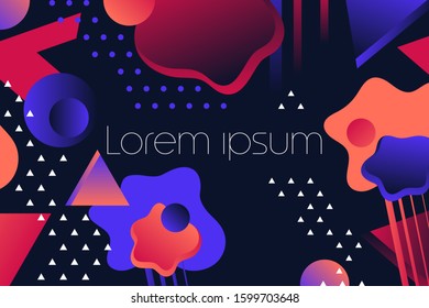 Futuristic abstract geometric background design with triangles and circles in trendy 2020 vibrant violet, orange, dark blue and red colors. Bright bold gradients. Flat style. Vector graphic.