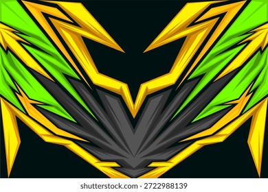 Plano de fundo geométrico abstrato futurista com formas angulares nítidas em tons vibrantes de amarelo, verde neon e cinza escuro. A forte composição simétrica cria uma aparência moderna dinâmica ideal para visuais de jogos, marcas de esports, gráficos esportivos, designs de marketing digital, cartazes de eventos e elementos de IU inspirados na tecnologia. Perfeito para projetos que exigem um estilo contemporâneo enérgico, agressivo e atraente.