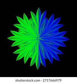 Futuristic abstract geometric flower with layered translucent petals in vibrant green to blue gradient and radial symmetry on a black background, ideal for technology themes, digital backgrounds, modern design, creative visuals, branding, and futuristic concepts
