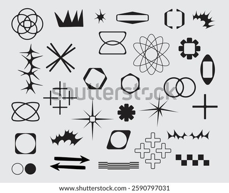 Futuristic abstract geometric shape asset streetwear element collection acid vector icon y2k HUD poster interface game technology separated editable