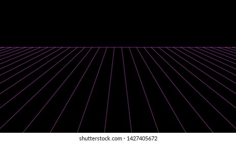 Futuristic abstract glowing background with vision perspective - retro 1980s style. Digital design 70-80-90s. Bright grid neon texture. Vector illustration eps10.